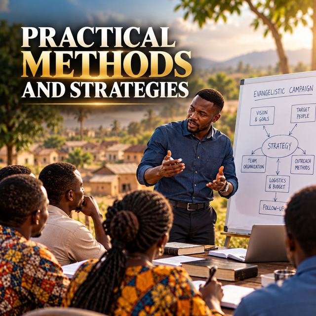 Poster “Practical Methods and Strategies”: a trainer explaining an evangelistic campaign plan on a whiteboard