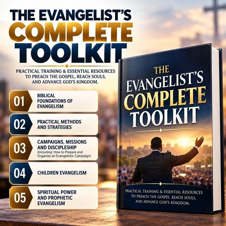 The Evangelist’s Complete Toolkit: the book cover beside the five training domains, from Biblical Foundations of Evangelism to Spiritual Power and Prophetic Evangelism